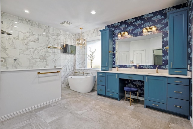 bathroom featuring shower with separate bathtub, vanity, and tile walls