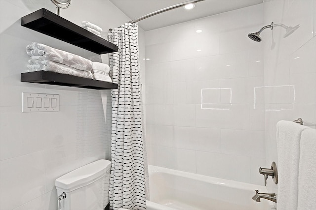 bathroom with shower / bathtub combination with curtain and toilet