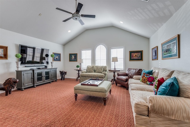 living room with ceiling fan, carpet floors, and vaulted ceiling