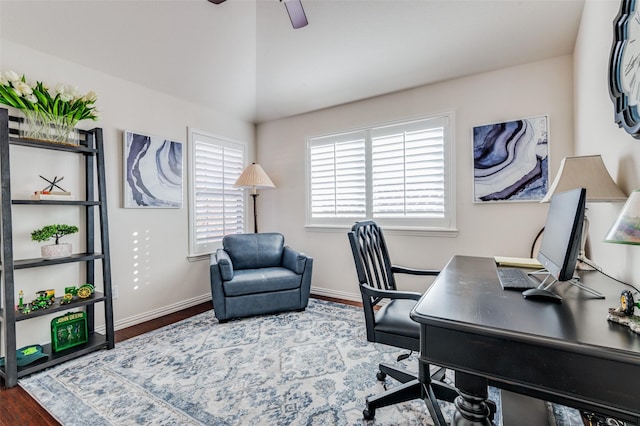 office area featuring hardwood / wood-style flooring and ceiling fan