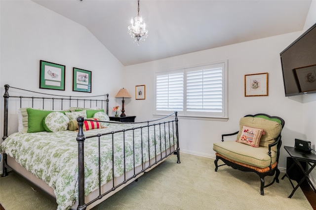 carpeted bedroom with vaulted ceiling and a notable chandelier