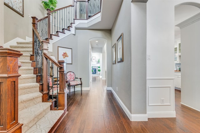 foyer entrance with a high ceiling and dark hardwood / wood-style floors