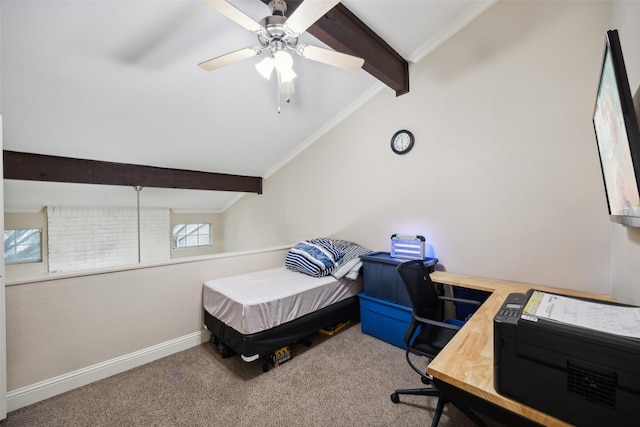 bedroom featuring vaulted ceiling with beams, carpet floors, ceiling fan, and ornamental molding