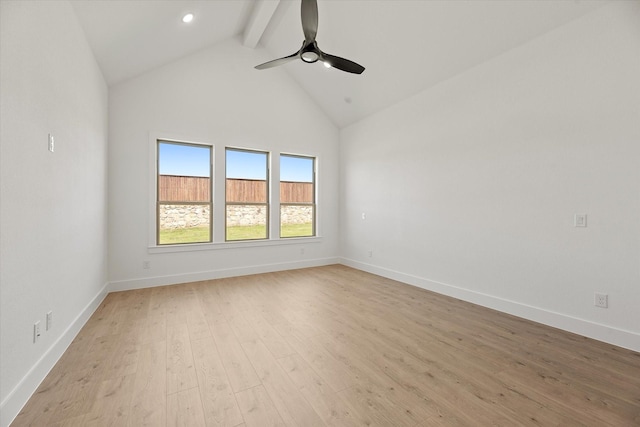 unfurnished room featuring ceiling fan, beam ceiling, light wood-type flooring, and high vaulted ceiling