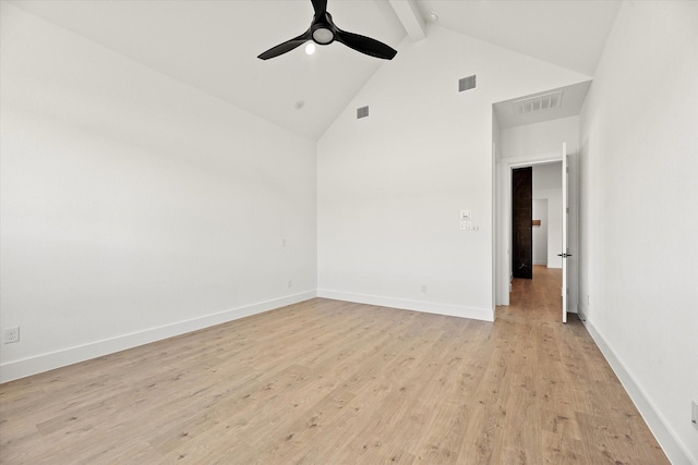 spare room with beam ceiling, ceiling fan, light hardwood / wood-style flooring, and high vaulted ceiling