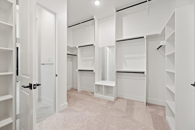 walk in closet with light carpet