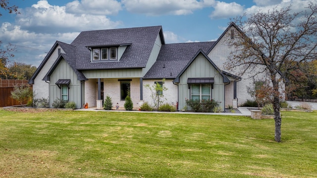1001 Woodland Rd, Weatherford, TX 76088 - modern inspired farmhouse with board and batten siding, a front lawn, a shingled roof, and fence