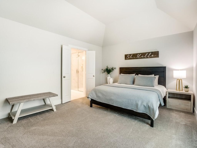 bedroom with light carpet and vaulted ceiling