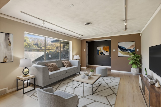 living room with light wood-type flooring, rail lighting, and ornamental molding