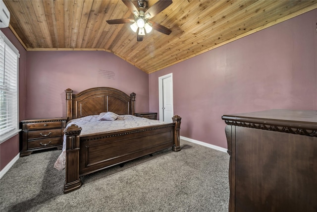 bedroom featuring wood ceiling, vaulted ceiling, ceiling fan, dark colored carpet, and an AC wall unit