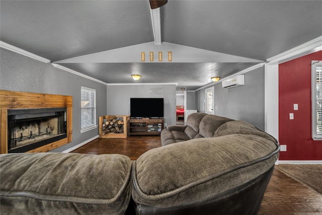 living room with dark hardwood / wood-style flooring, crown molding, a wall mounted AC, and a healthy amount of sunlight