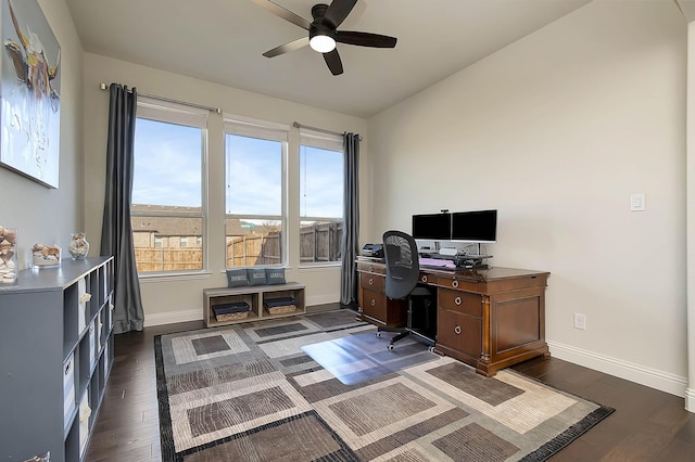 office space with ceiling fan and dark wood-type flooring