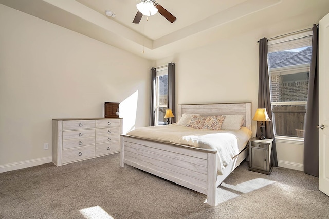 bedroom with a raised ceiling, ceiling fan, and carpet