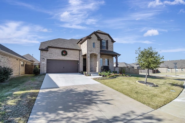 french country home featuring a garage and a front lawn