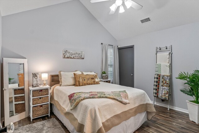 bedroom featuring ceiling fan, high vaulted ceiling, and dark hardwood / wood-style floors