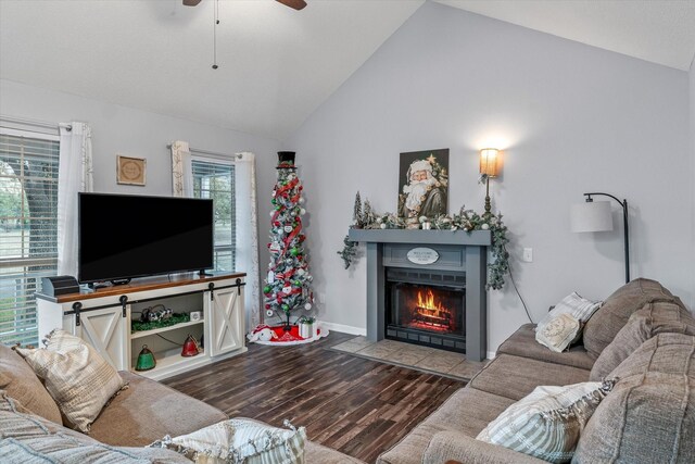 living room featuring wood-type flooring, high vaulted ceiling, a wealth of natural light, and ceiling fan