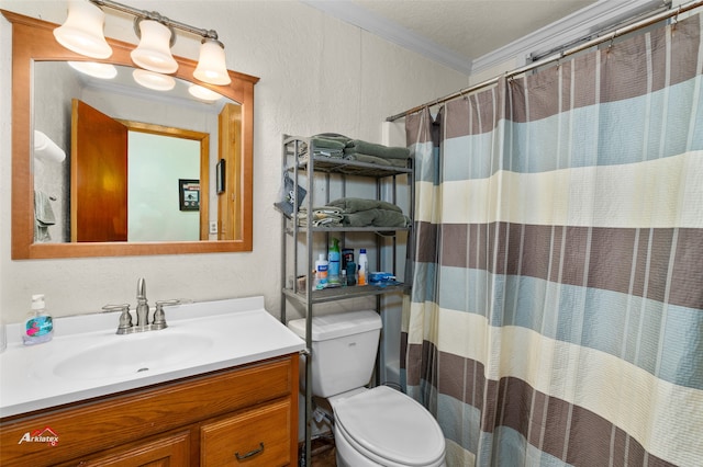 bathroom with vanity, ornamental molding, toilet, and a shower with shower curtain