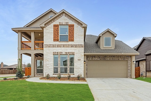 view of front of house with a garage, a balcony, and a front yard