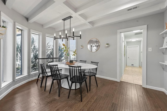 dining space featuring beam ceiling, dark hardwood / wood-style flooring, coffered ceiling, and an inviting chandelier