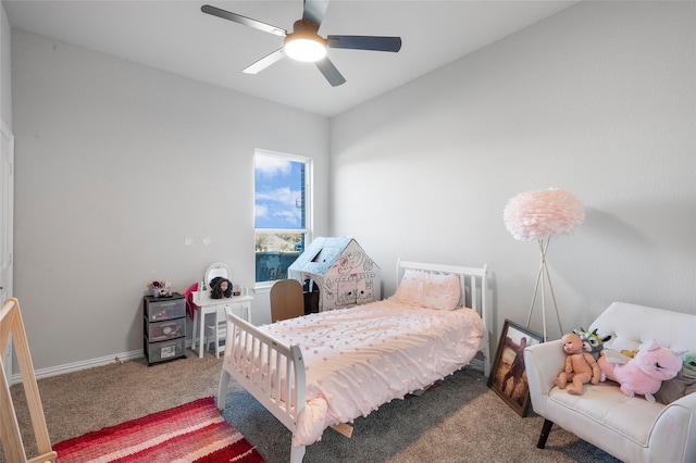 bedroom with ceiling fan and carpet floors