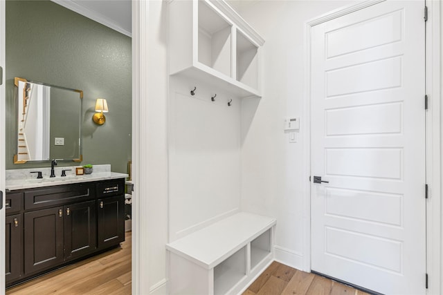 mudroom with sink, light wood-type flooring, and ornamental molding