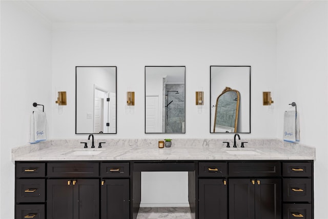 bathroom featuring crown molding, vanity, and walk in shower