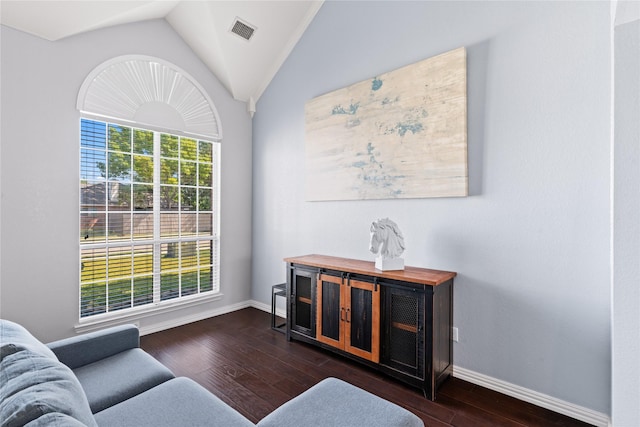 living room with lofted ceiling and dark wood-type flooring