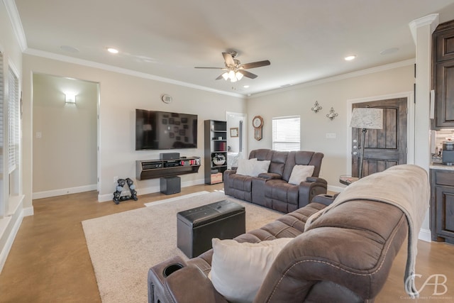 living room featuring ceiling fan and ornamental molding