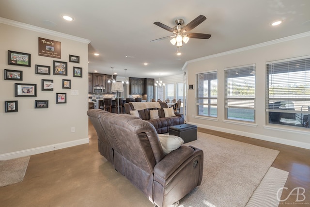 living room featuring ceiling fan with notable chandelier and crown molding