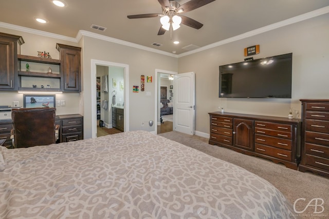 carpeted bedroom with connected bathroom, ceiling fan, and ornamental molding