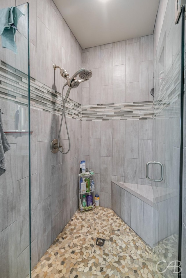 bathroom with a shower with shower door