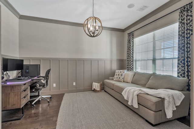 office with wood-type flooring, ornamental molding, and a notable chandelier