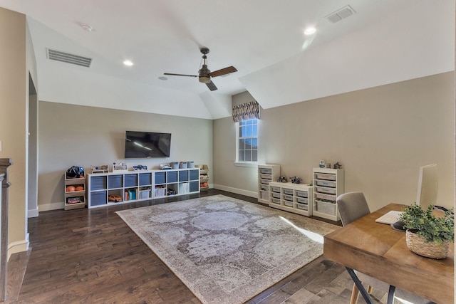 living room featuring dark wood-type flooring, ceiling fan, and vaulted ceiling