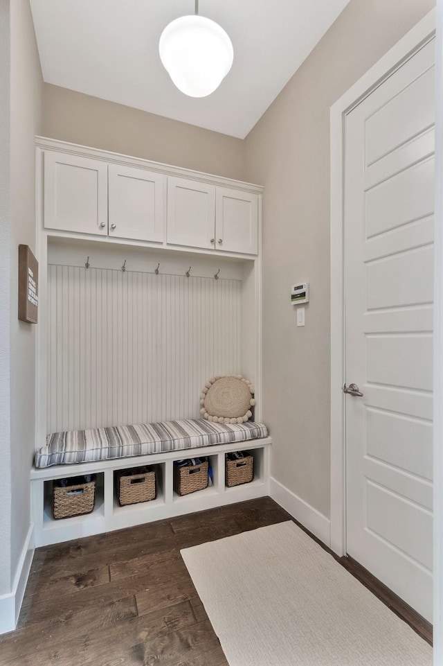 mudroom featuring dark wood-type flooring