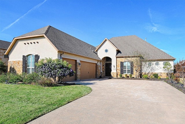 french country home with a garage and a front yard