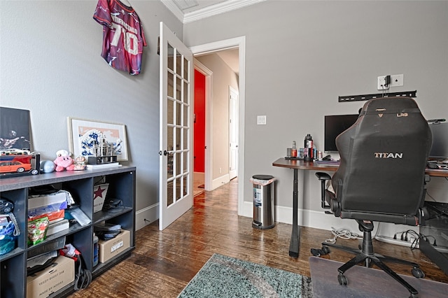 office space featuring french doors, dark hardwood / wood-style floors, and ornamental molding