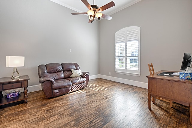 office with ceiling fan, dark hardwood / wood-style flooring, and crown molding