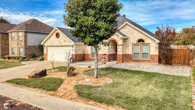 view of front of home with brick siding, concrete driveway, fence, a garage, and a front lawn