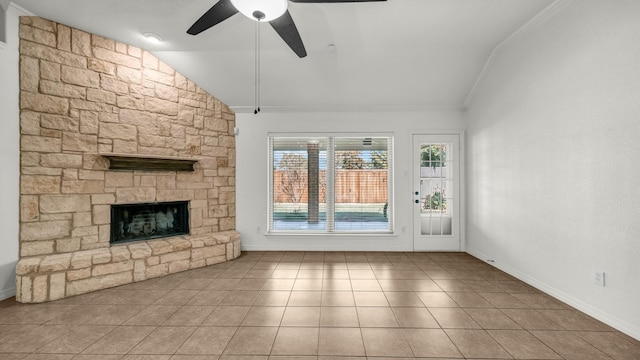 unfurnished living room featuring crown molding, a fireplace, light tile patterned floors, and lofted ceiling