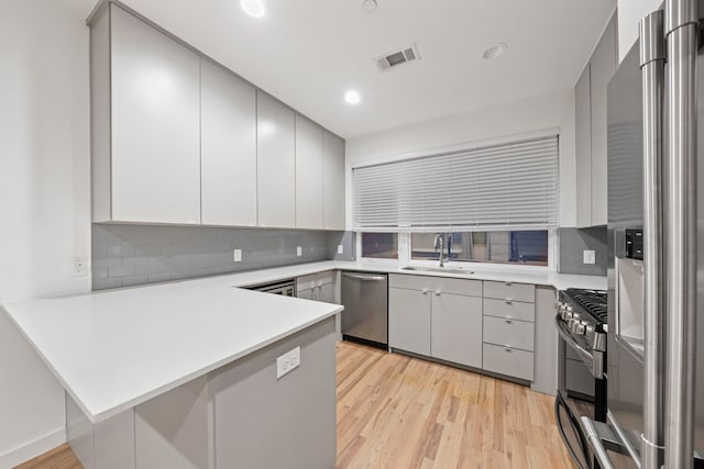 kitchen featuring sink, light hardwood / wood-style flooring, decorative backsplash, kitchen peninsula, and stainless steel appliances