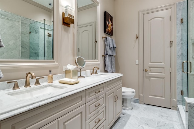 bathroom featuring vanity, toilet, an enclosed shower, and crown molding