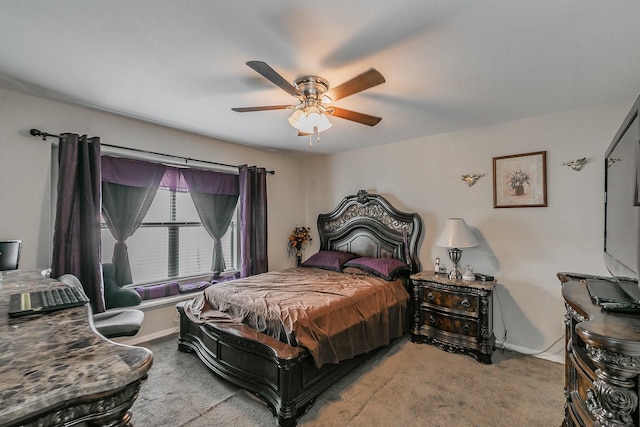 bedroom with light colored carpet and ceiling fan