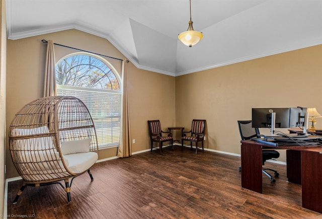 home office featuring crown molding, dark hardwood / wood-style floors, and vaulted ceiling