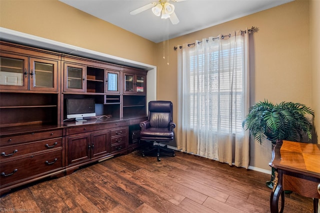 office area featuring ceiling fan and dark hardwood / wood-style floors