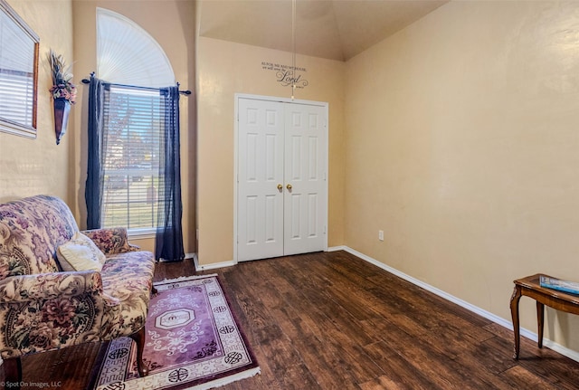 sitting room featuring dark wood-type flooring