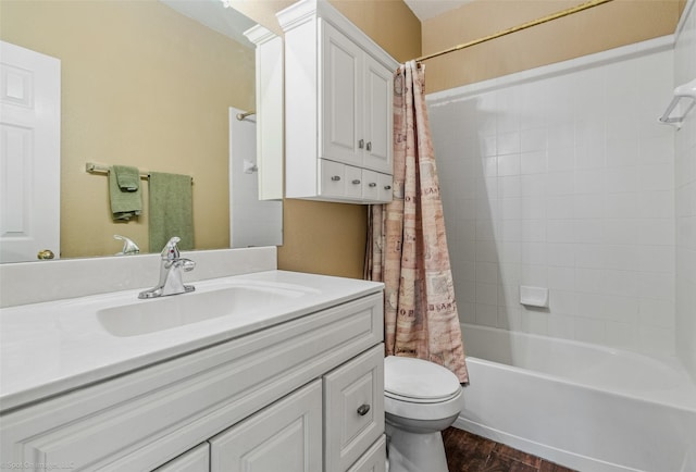 full bathroom featuring wood-type flooring, vanity, toilet, and shower / bath combo with shower curtain