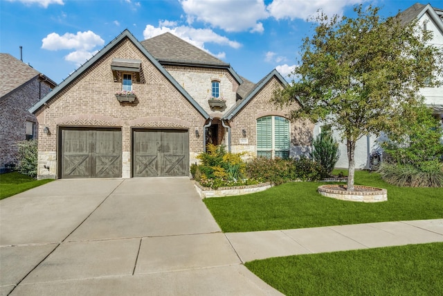 view of front of property featuring a front yard and a garage