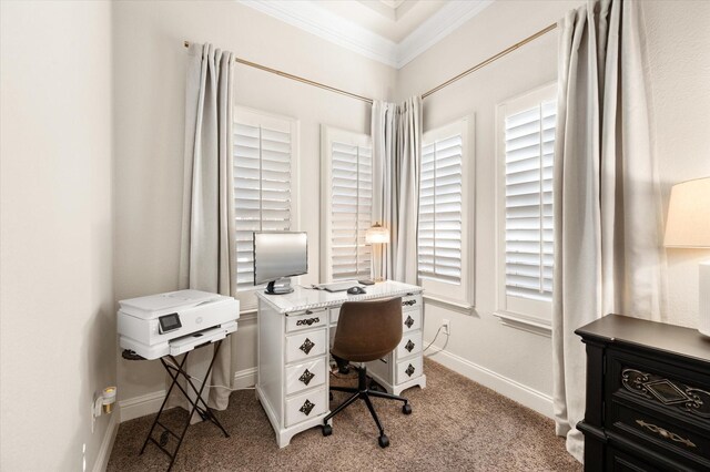 office space with light colored carpet and ornamental molding