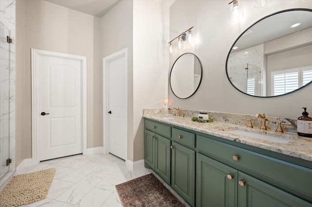 bathroom with an enclosed shower and vanity