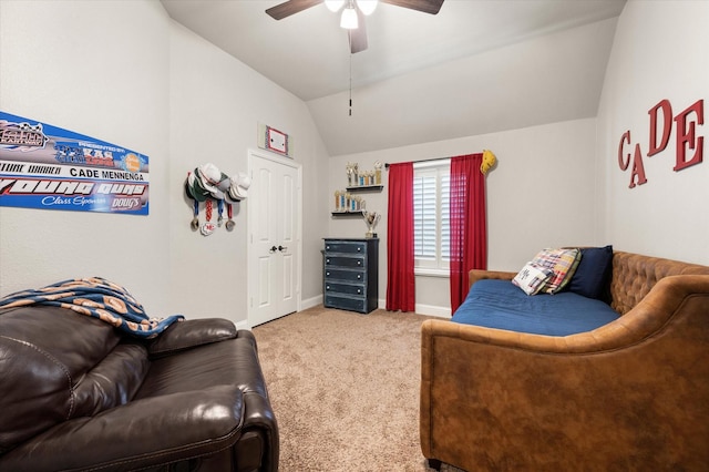 bedroom featuring lofted ceiling, carpet floors, and ceiling fan